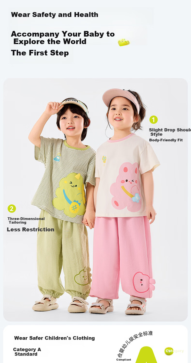 Dudu Kids Cartoon Summer Set Baby Skin-Friendly Two-Piece Boys T-Shirt Girls Mosquito-Proof Pants Green Stripes 100 4