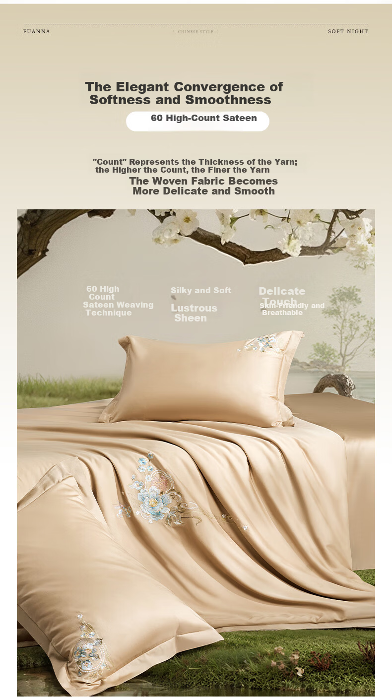 Fuanna 60S Long-Staple Cotton Embroidered 4-Piece Bedding Set 100% Cotton Sheet and Duvet Cover Double Extra Large 230*229cm Qinghuan 4
