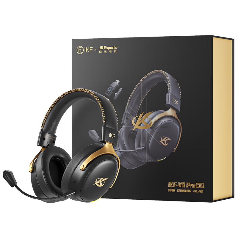 IKF V11 Pro 2.0 JD Gaming Limited Edition Wireless Gaming Headset Over-Ear Bluetooth 2.4G Esports Delta Tuned Sound Black Gold