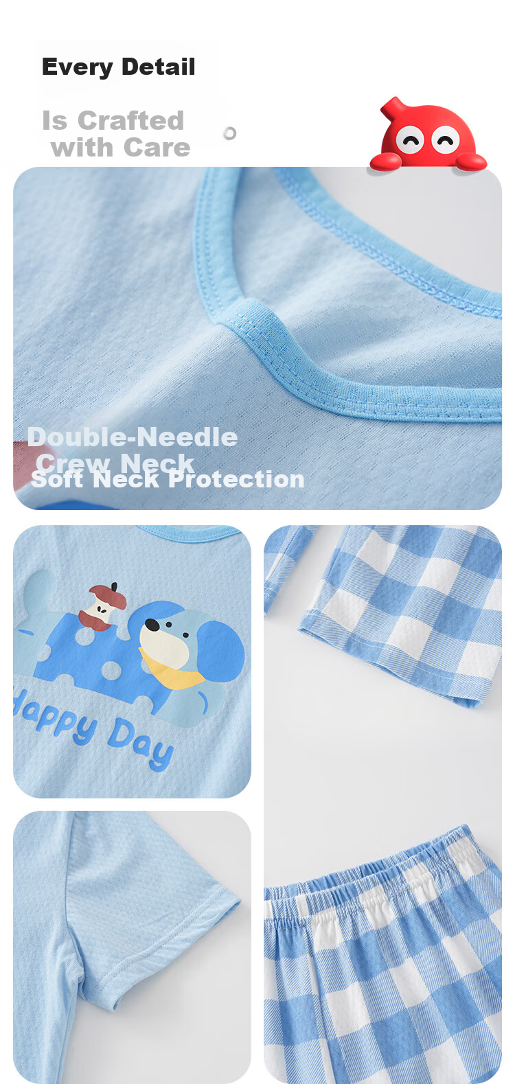 Hodo Kids Cotton Short Sleeve Pajama Set Summer Thin Air Conditioning Homewear 7A Antibacterial J3365 Green 130 5