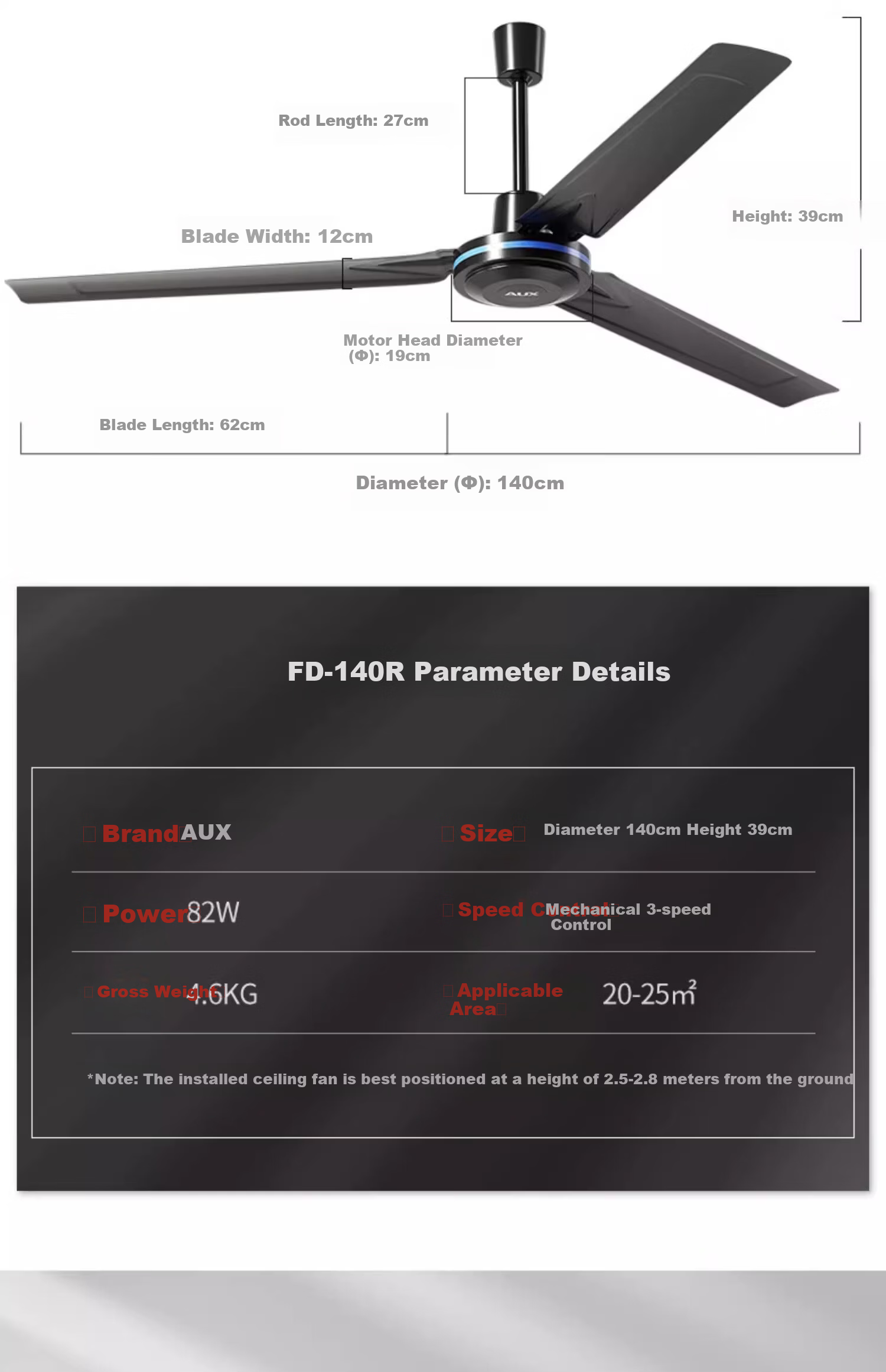 AUX 56-Inch 3-Blade Ceiling Fan with Stepless Speed Control Switch, High Power Industrial Hanging Fan for Home and Living Room 32