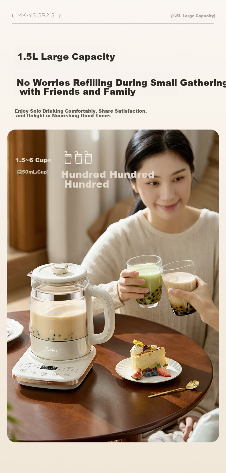 Midea 0 Glue Full Glass Health Kettle Baby Boiling Kettle Electric Kettle Fully Automatic Integrated Tea Maker 800W High Power 1.5L MK-YS15B215 7