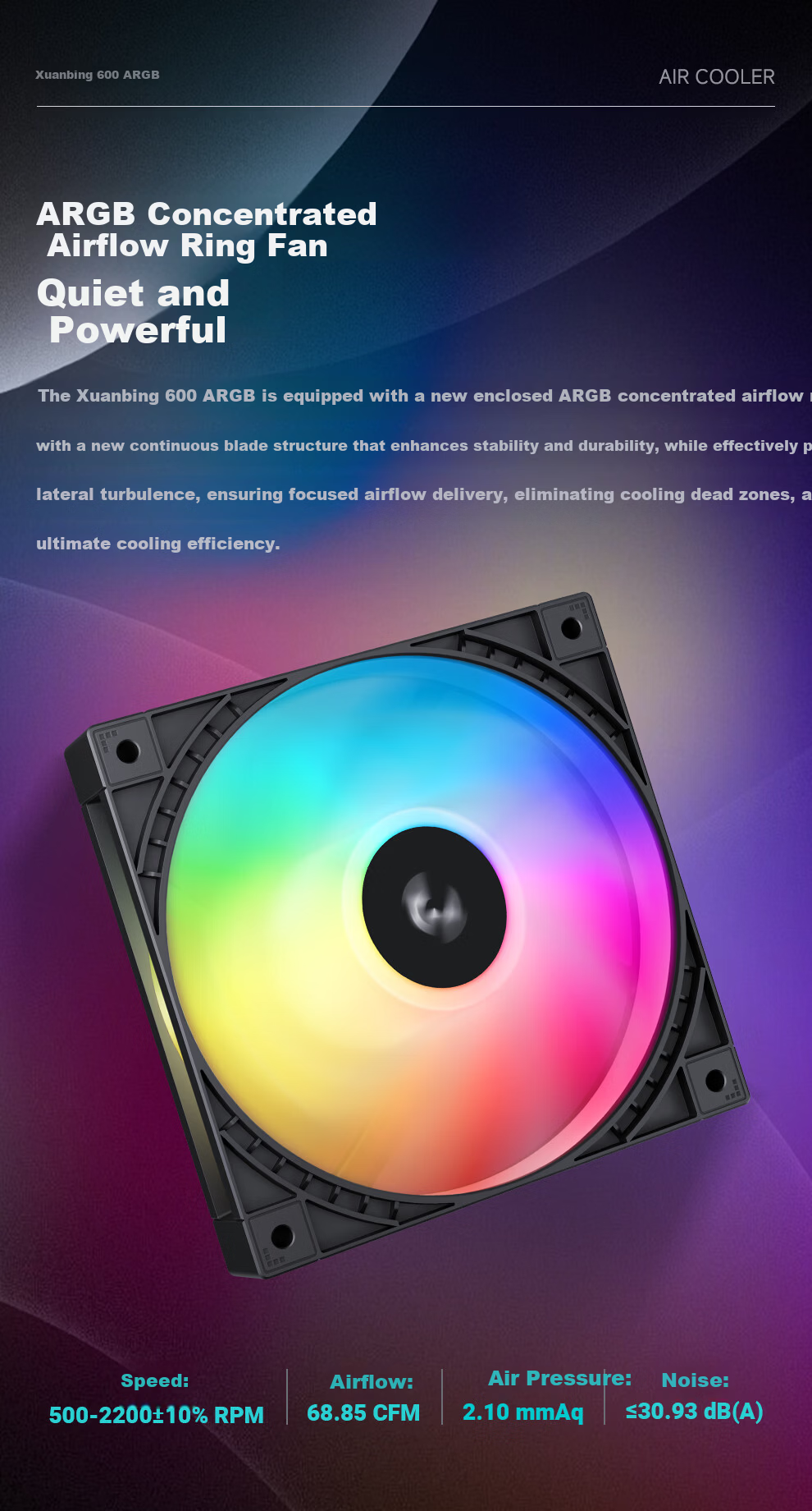 DEEPCOOL GAMMAXX 600 ARGB CPU Air Cooler 6 Heat Pipes Single Tower Offset Heat Pipe Design Wind Ring ARGB Fan Multi-Platform Support 3