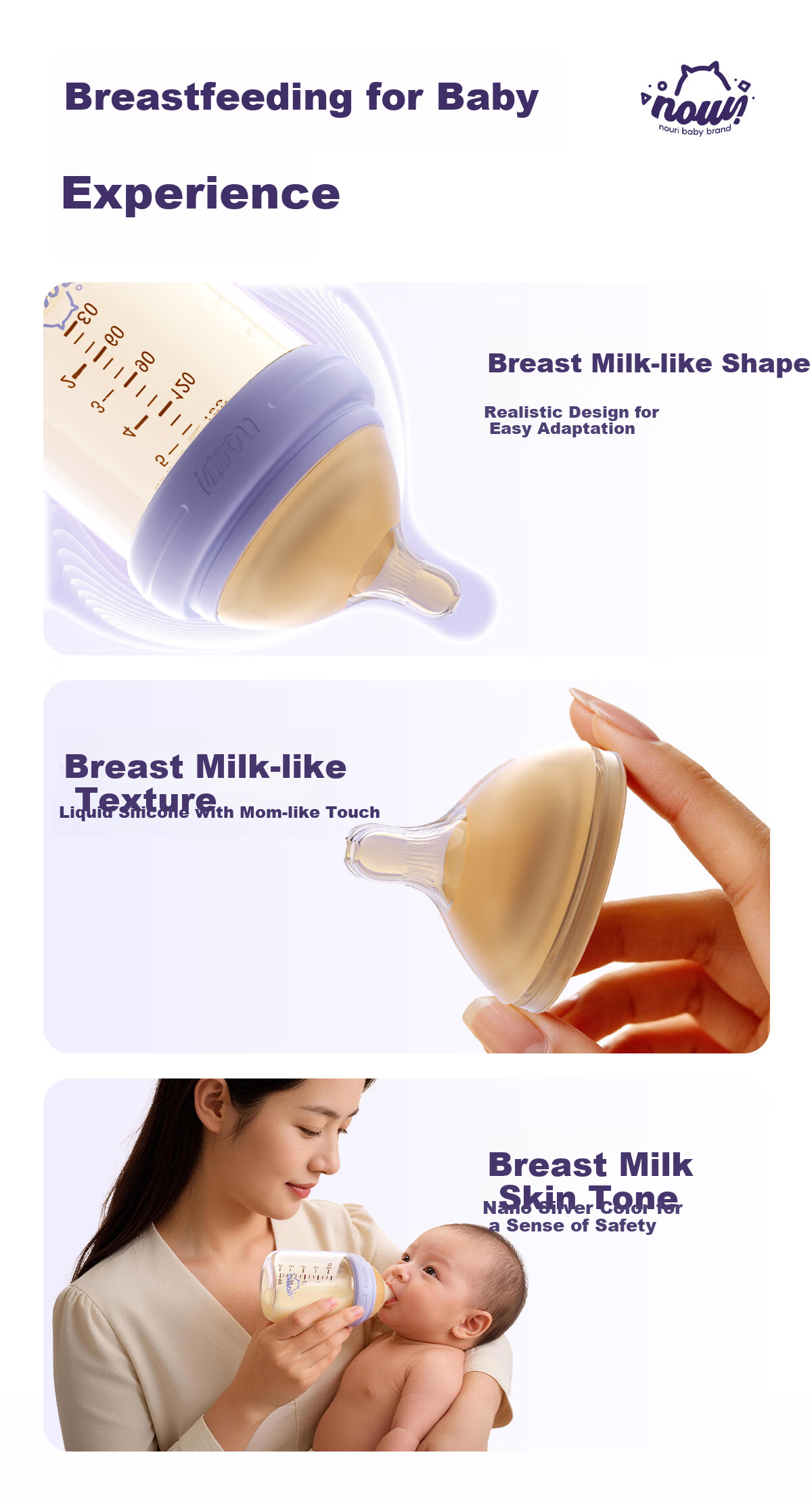 NOURI Newborn Baby Bottle 0-12 Months Anti-Choke Anti-Colic Nipple Feeding Cup PPSU Quiet Purple 240ml 4