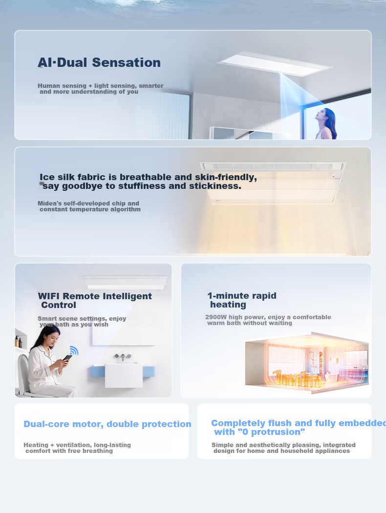 Midea JD Smart Bath Heater with Warm Air, Lighting, Ventilation, Integrated Bathroom Heater AI Human Sensor Sense X1 3