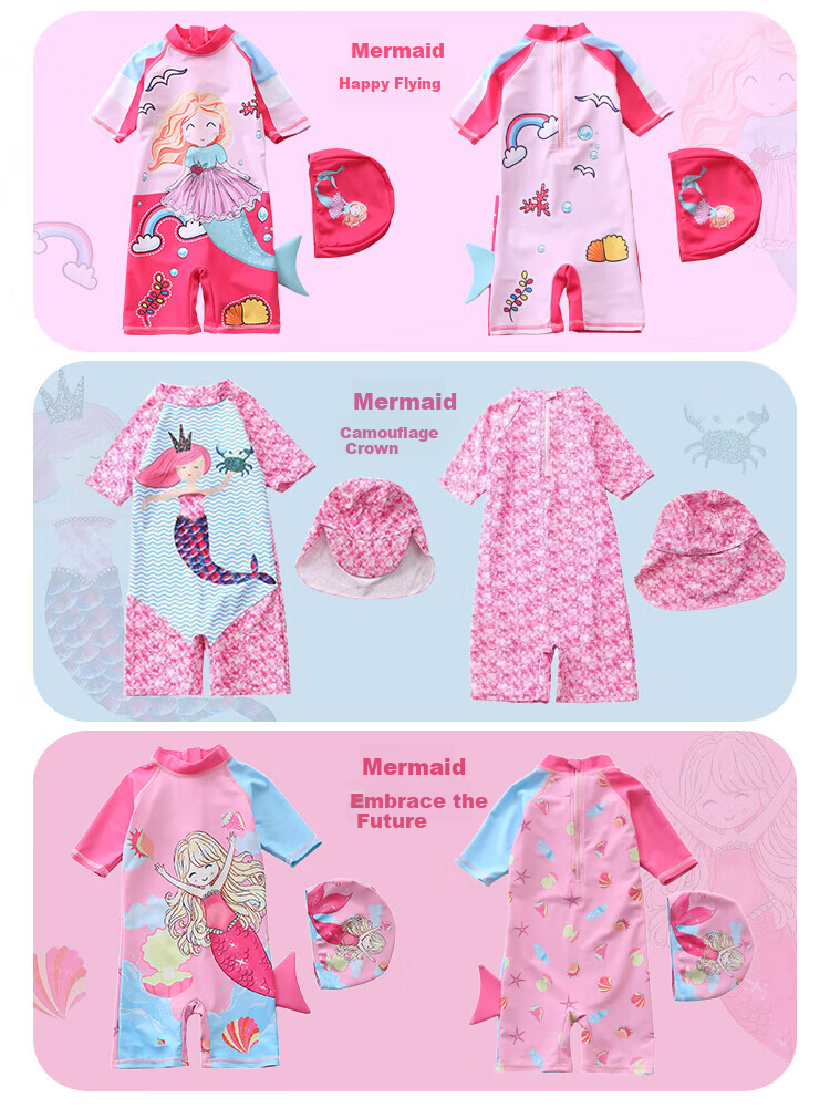 9i9 Kids Girls One-Piece Hooded Mermaid Fairy Tale Sun Protection Quick-Dry Hot Spring Swimsuit B102 Peach Blue M 3