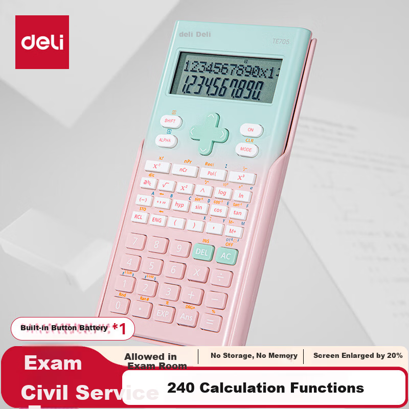 Deli Fashion Function Calculator Dual-line LCD Large Screen 240 Functions Exam Calculator (Suitable for Middle and High School) Gradient Pink TE705