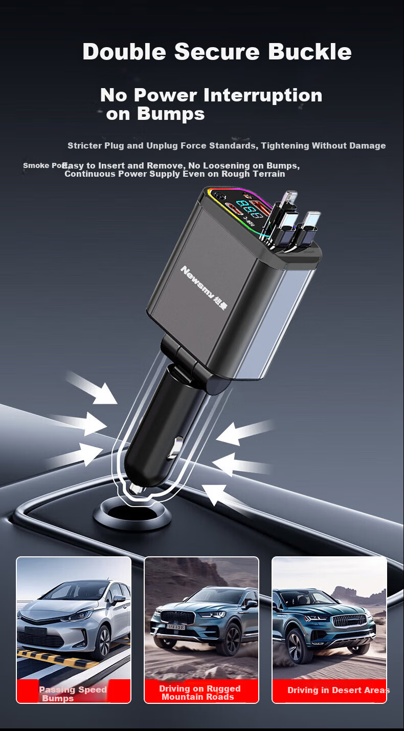 Newsmy Car Charger Retractable 3-in-1 Built-in Cable Super Fast PD Invisible Mini Car Cigarette Lighter Charger Compatible with Apple Huawei Xiaomi K6 Deluxe Edition 18