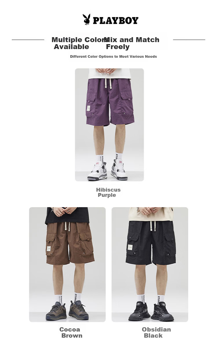 PLAYBOY Men's Summer Ice Silk Thin Cargo Shorts Loose Casual Knee-Length Pants 3