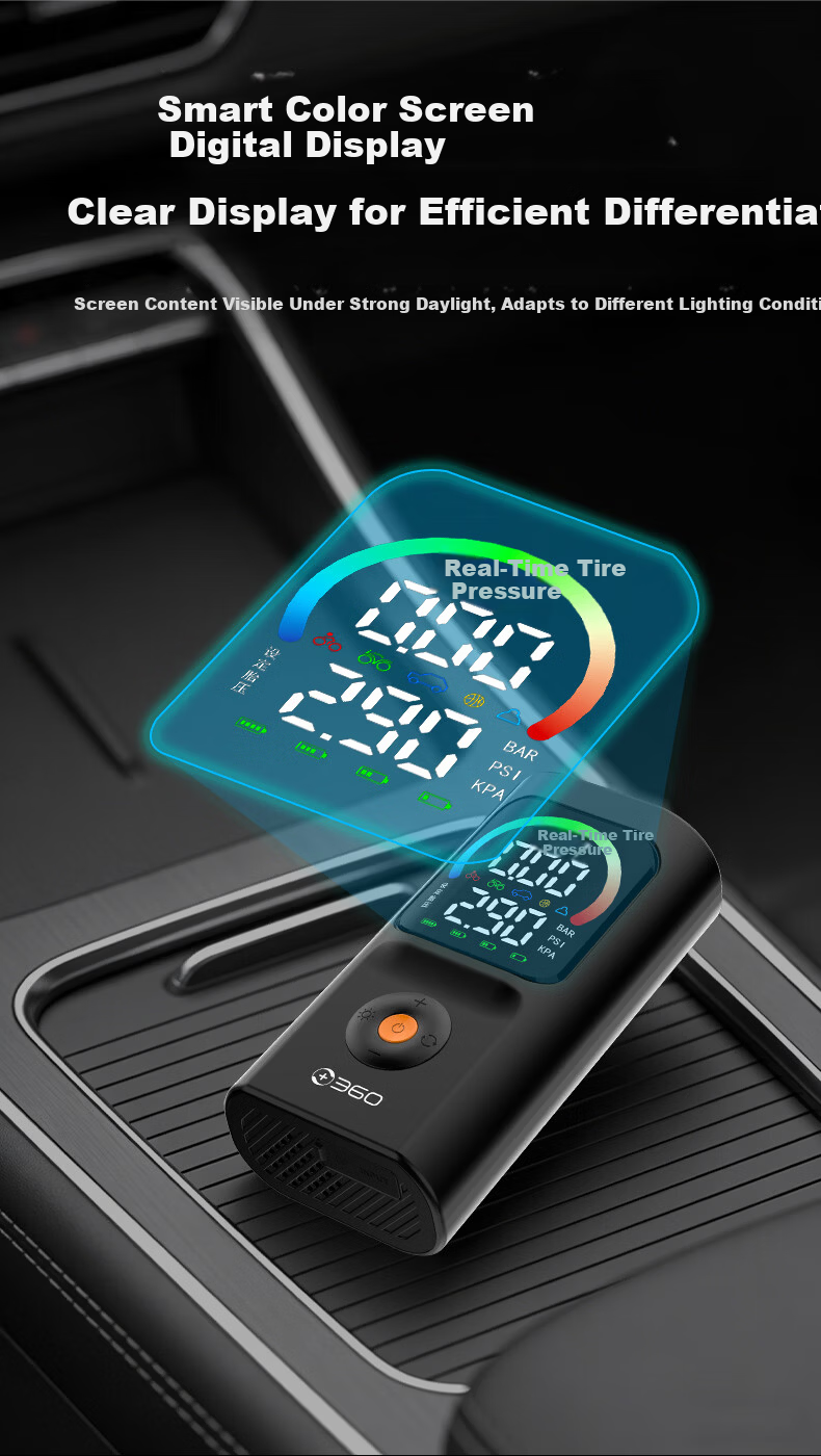 360 Car Inflator HQ30 Color Screen Wireless Portable Electric Air Pump for Car and Bicycle Tire Pressure Measurement 3