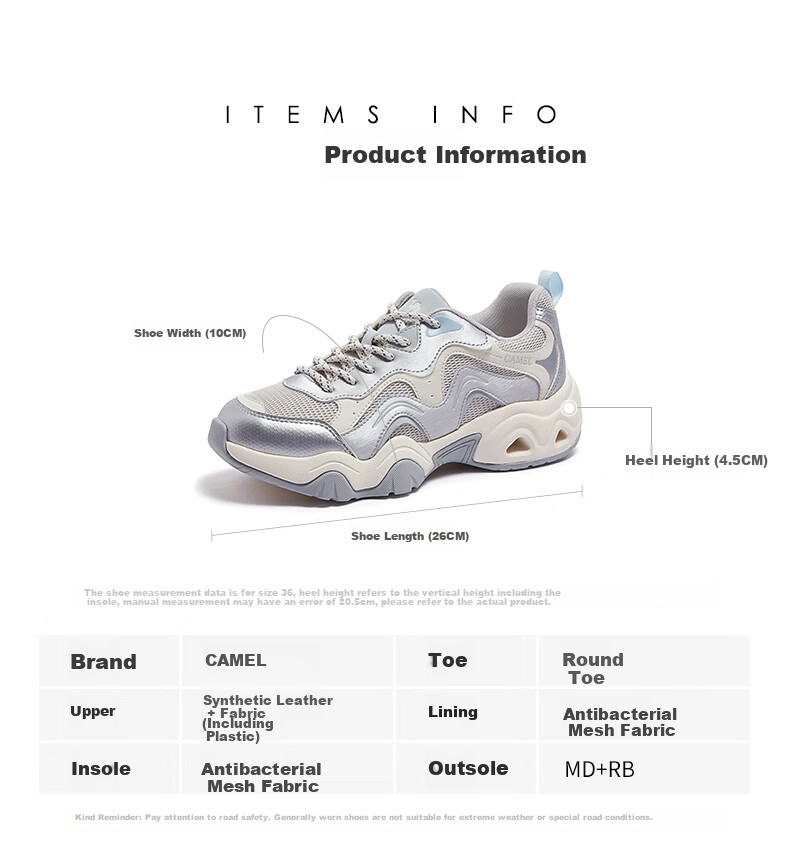 CAMEL Cute Ugly Women's Thick-Soled Sports Shoes Lightweight Versatile Casual Dad Sneakers L26SXG3169 Silver Size 38 13