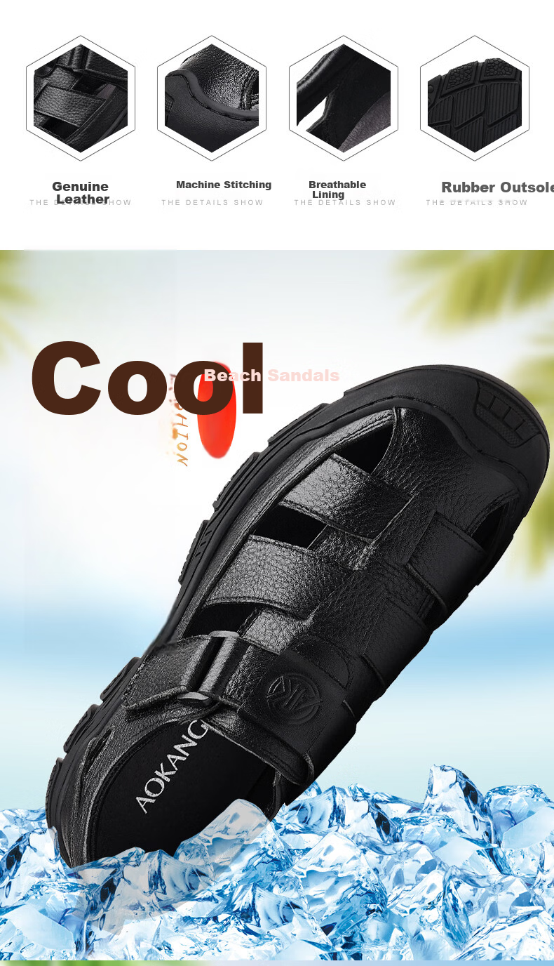 Aokang Father's Day Summer Perforated Shoes Men's Casual Leather Shoes Business Commute Hollow Leather Sandals Men's Black Size 44 2