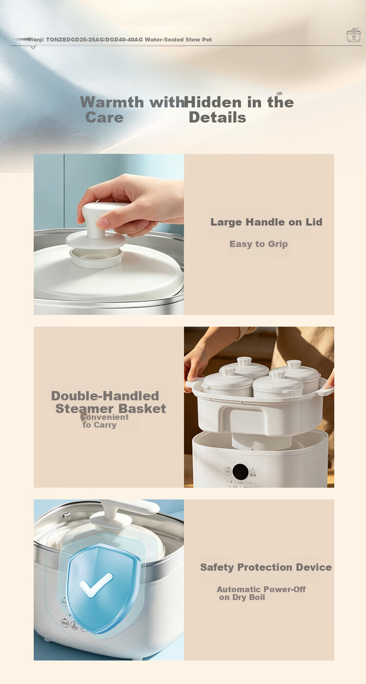 TONZE Electric Stew Pot, Double Boiler, Home Automatic Soup Maker, Ceramic Inner Pot, Bird's Nest Stew Pot, Special Steam Stewing Multi-Function Cooker, One Pot with 4 Inner Pots, DGD25-25AG 14