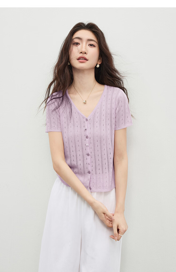Shangdu Bira Linen Lyocell Knitwear Women Spring Summer Sweet Youthful V-Neck Hollow Texture Short Sleeve Cardigan Top 14