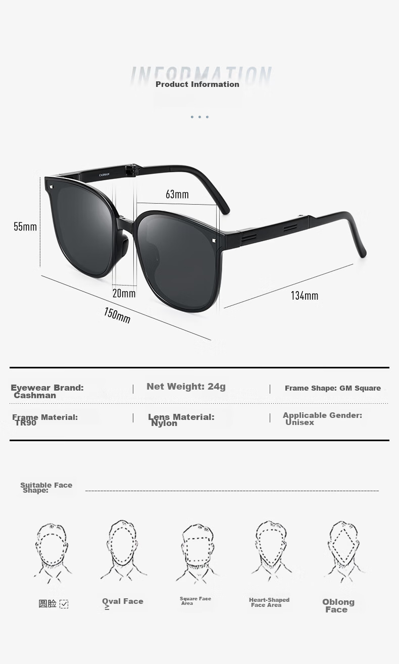 CAXMAN Foldable GM Sunglasses Unisex Nylon HD UV Protection Lightweight Fashion Eyewear 14