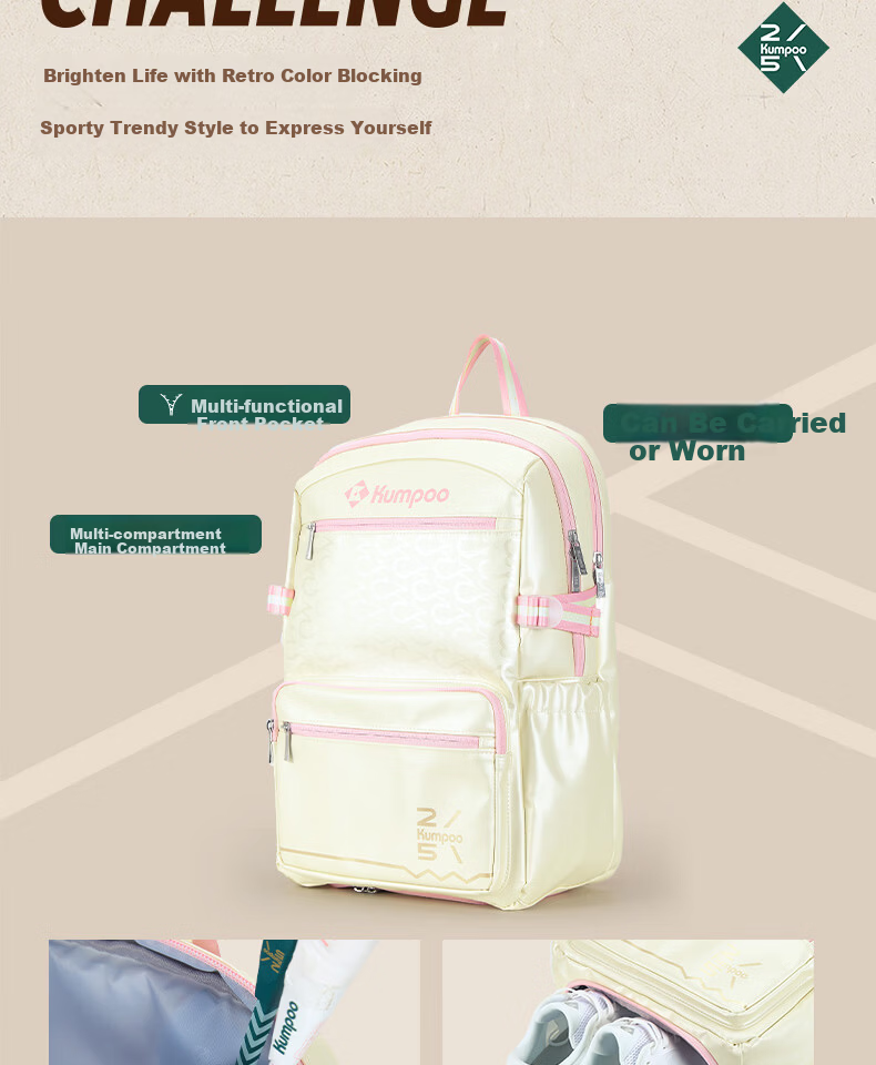 KUMPOO 25th Anniversary Series Badminton Bag Durable Waterproof Sports Backpack Xunfeng KB-5212.25th Pearl White/Pink 4