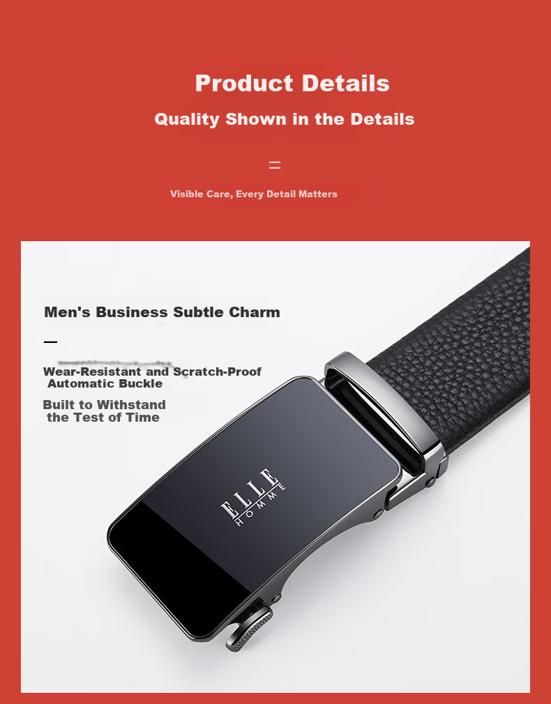 ELLE HOMME French Brand Men's Genuine Leather Belt Automatic Buckle Top Layer Cowhide Waist Belt Gift Box Birthday Gift for Boyfriend 14