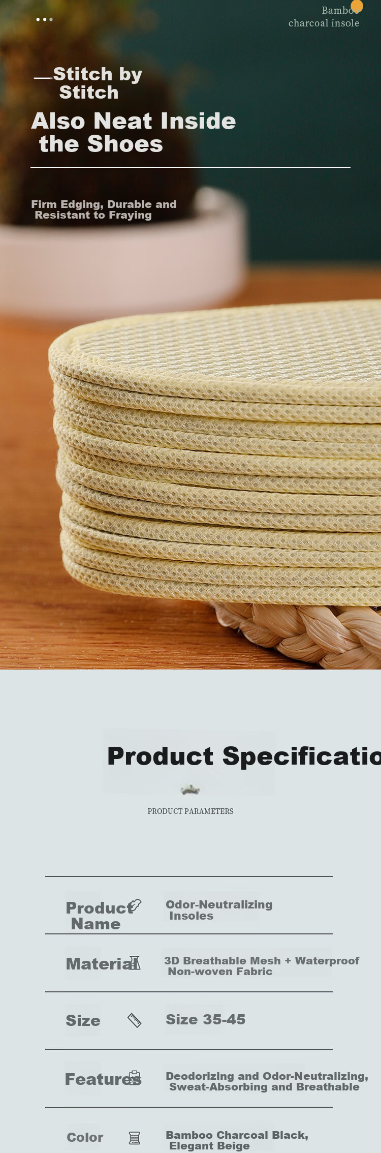 JVBV 5 Pairs Bamboo Charcoal Deodorizing Insoles for Men, Sweat-Absorbing, Odor-Resistant, Breathable, Comfortable Leather Shoe Insoles, Size 45 5