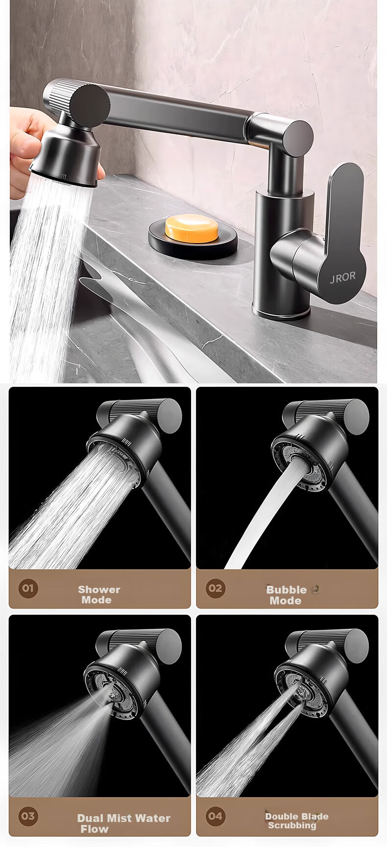 JROR German Basin Faucet Bathroom Sink Mixer Tap Hot and Cold Water Faucet 12