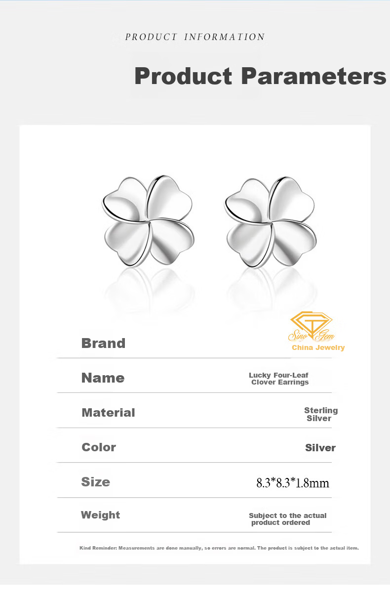China Jewelry Pure Silver Lucky Four-Leaf Clover Stud Earrings for Women 2026 New Style Silver Ear Piercing Earrings Birthday Gift for Girlfriend 8