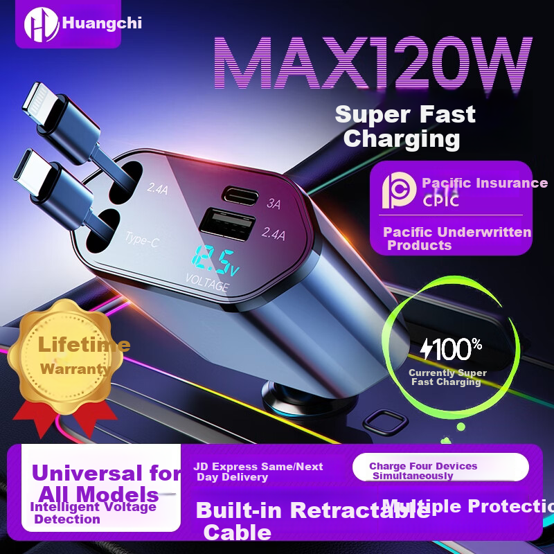 Huangchi 120W Super Fast Charging Retractable Cable Car Charger 3-in-1 Multifunctional Cigarette Lighter Adapter