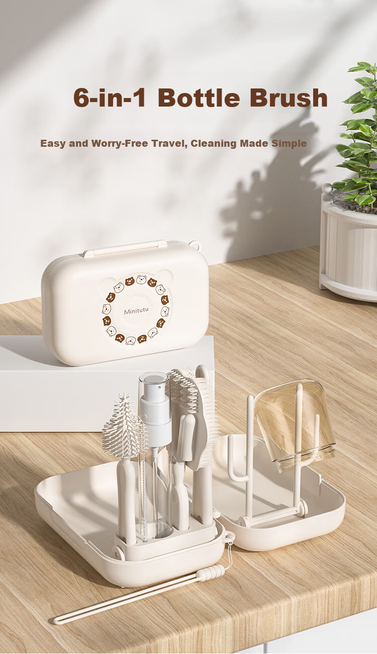 MINITUTU Silicone Portable Baby Bottle Brush Cleaning Water Cup Storage Box Nipple Straw with Draining Base Multifunctional Set 1