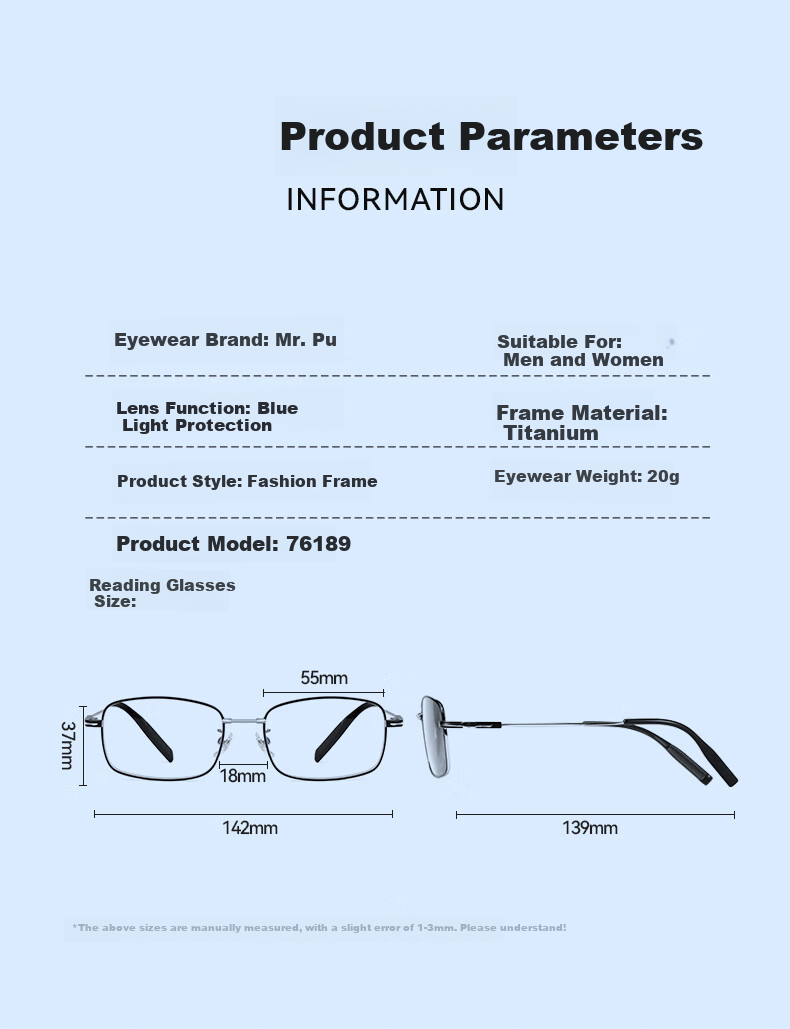 Mr. Pu Anti-Blue Light Reading Glasses for Men and Women, High Definition, Compatible with Zeiss and Seiko Lenses, Memory Titanium Frame 10