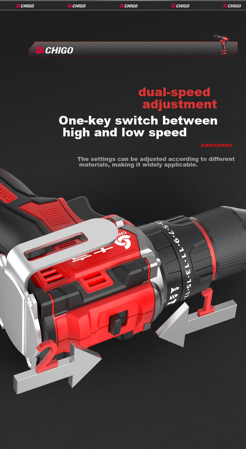 CHIGO 18V Brushless Hammer Drill Compact Cordless Electric Screwdriver Multi-Function Impact Drill 18