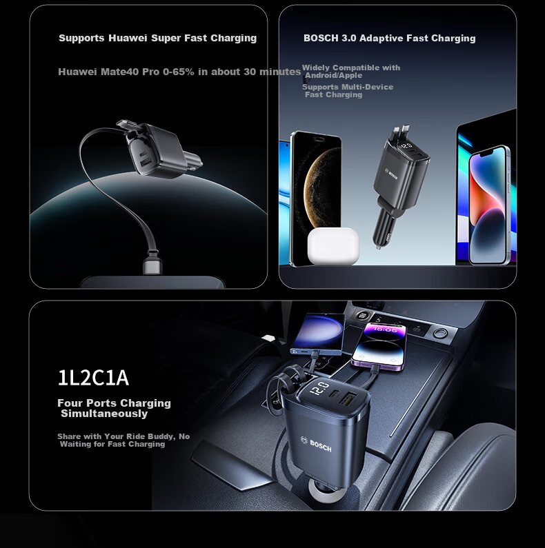 BOSCH SC580 Car Charger Super Fast Charging Cigarette Lighter Adapter Triple USB Car Charger Super Fast Car Charging Head 5