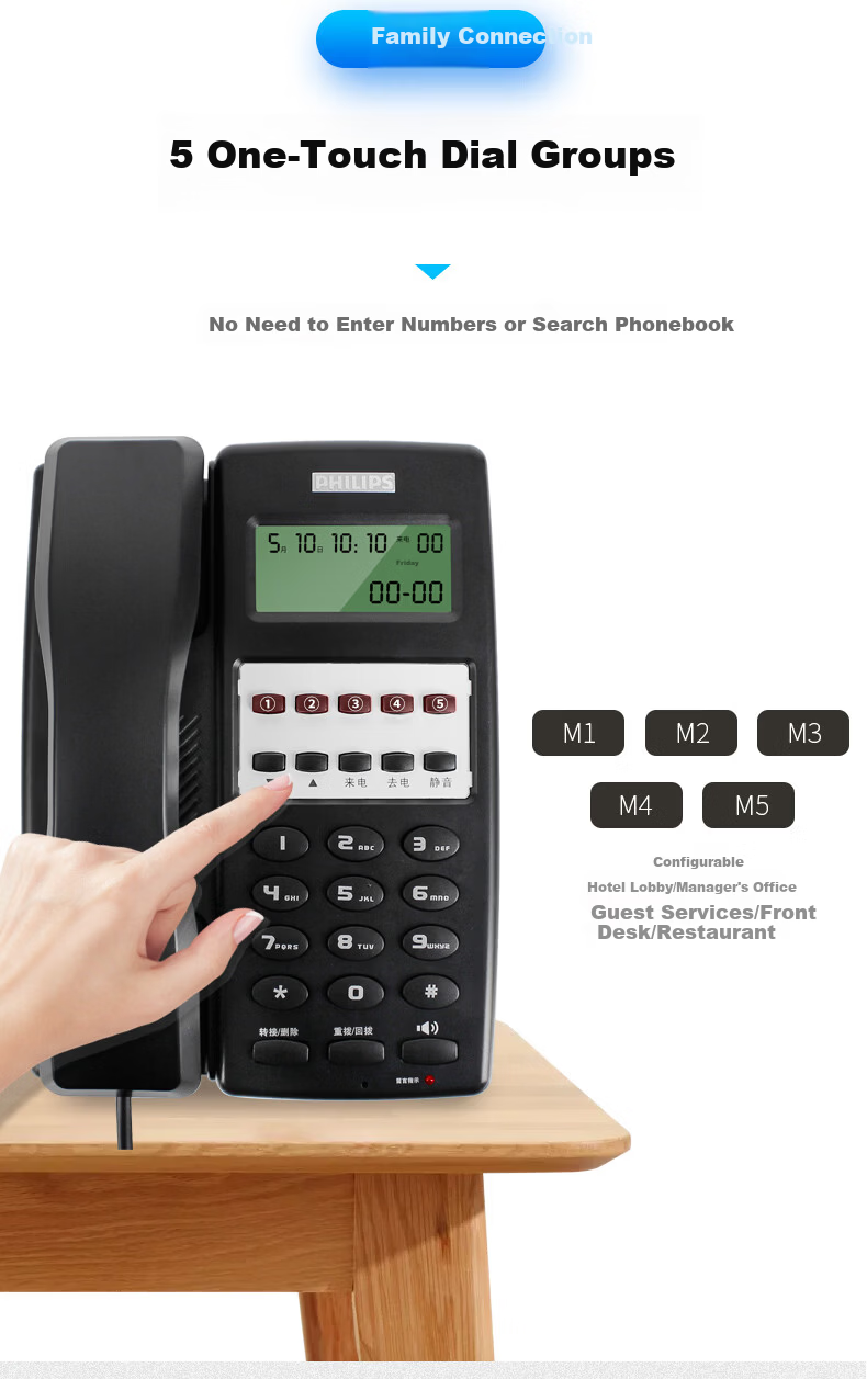 PHILIPS CORD2802 Hotel Telephone Corded Desk Phone Caller ID One-Touch Dial Wired Wall-Mount Black 4