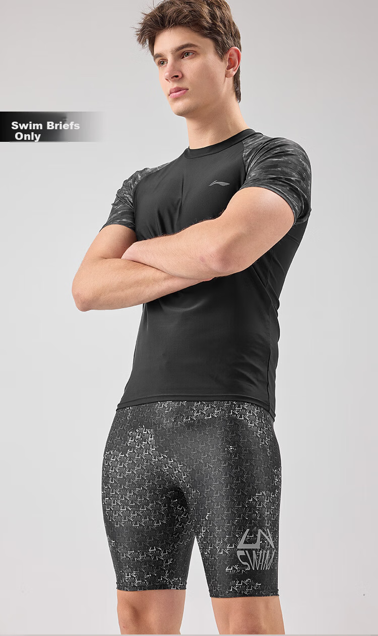 LI-NING Men's Quick-Dry Chlorine-Resistant Comfortable High-Elasticity 5-Point Training Swim Trunks 054 Black 3XL 3