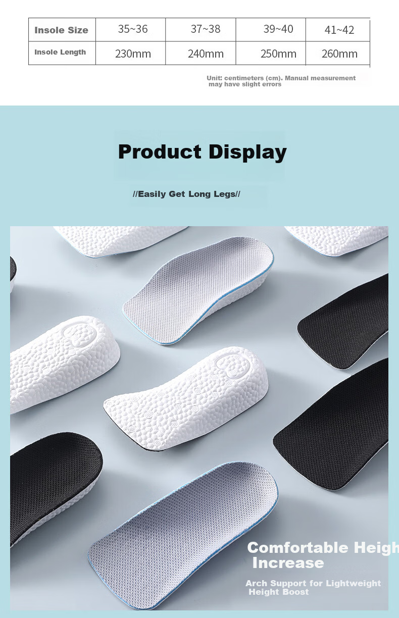 Bonnie Family Men's Height Increasing Insoles Arch Support Invisible Half Insoles 9