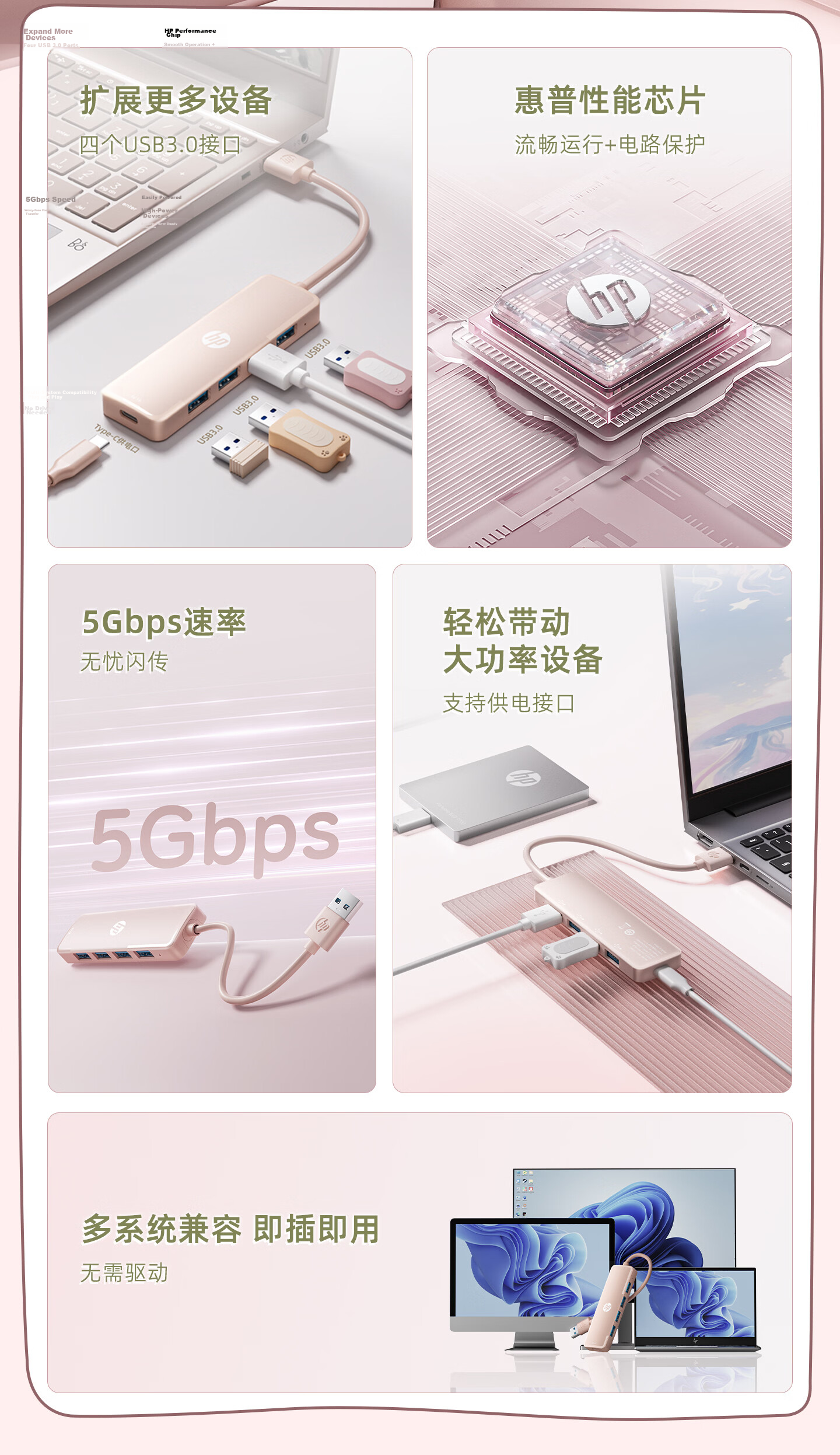 HP Laptop USB Multi-Port Hub Dock Extension Adapter USB Expander CT220 Silver 3