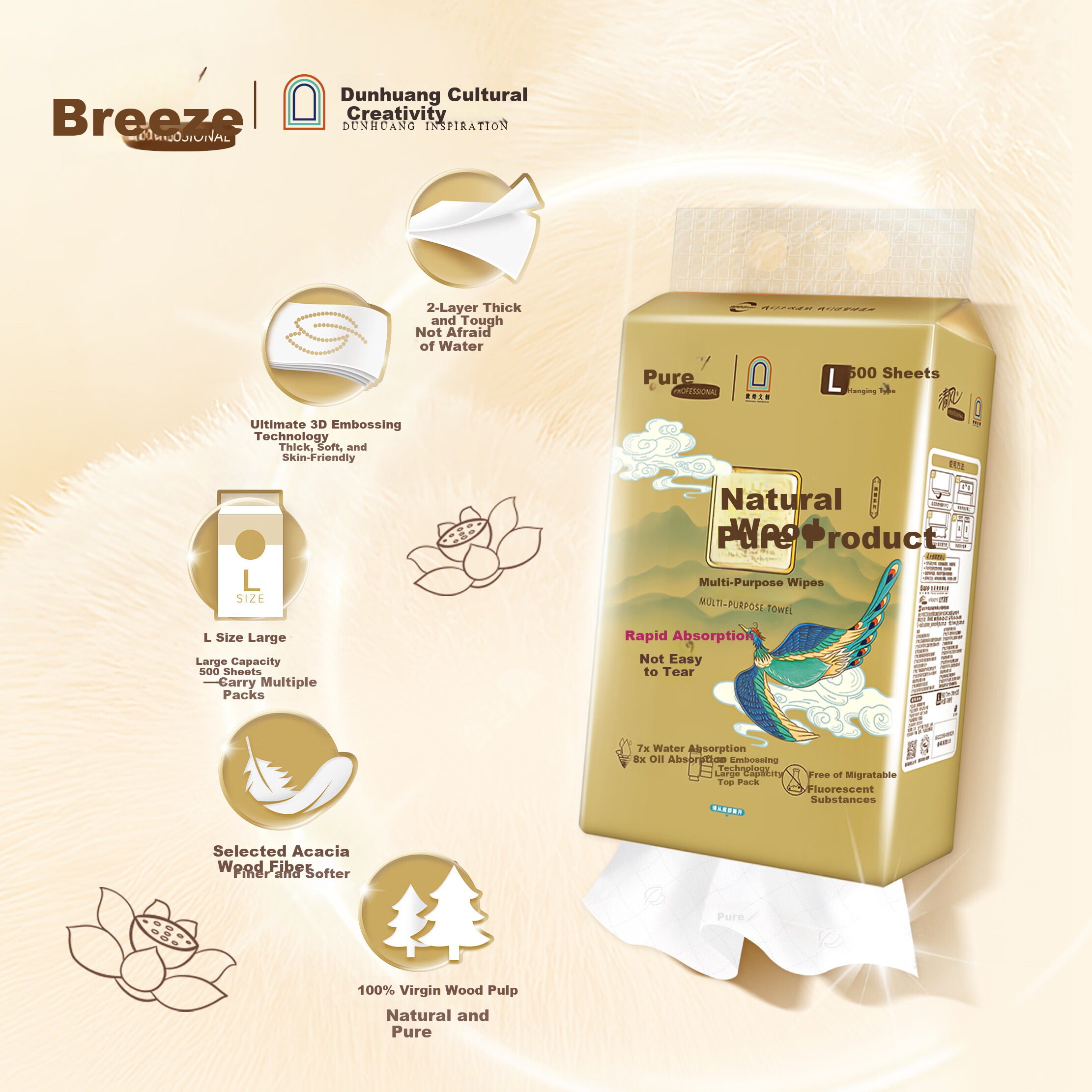Qingfeng Hand Towel Hanging Facial Tissue 2-Ply 500 Sheets*4 Packs L Size Large Tissue Box