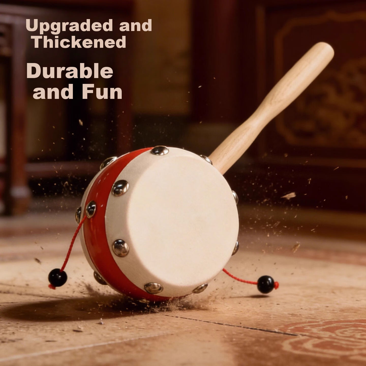 Traditional Chinese Style Double-Sided Sheepskin Rattle Drum Baby Toy 0-1 Year Early Education Handheld Rattle 1