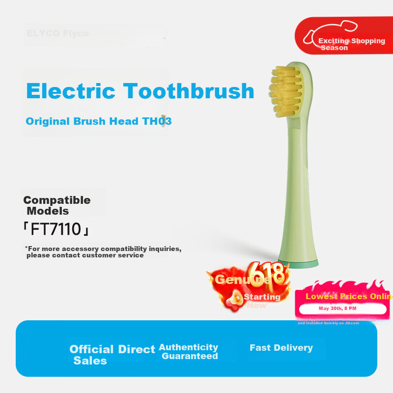 FLYCO Electric Toothbrush Head Compatible with FT7110 TH03 Cute Green Cleaning Type 1-Pack Price Guaranteed for 618