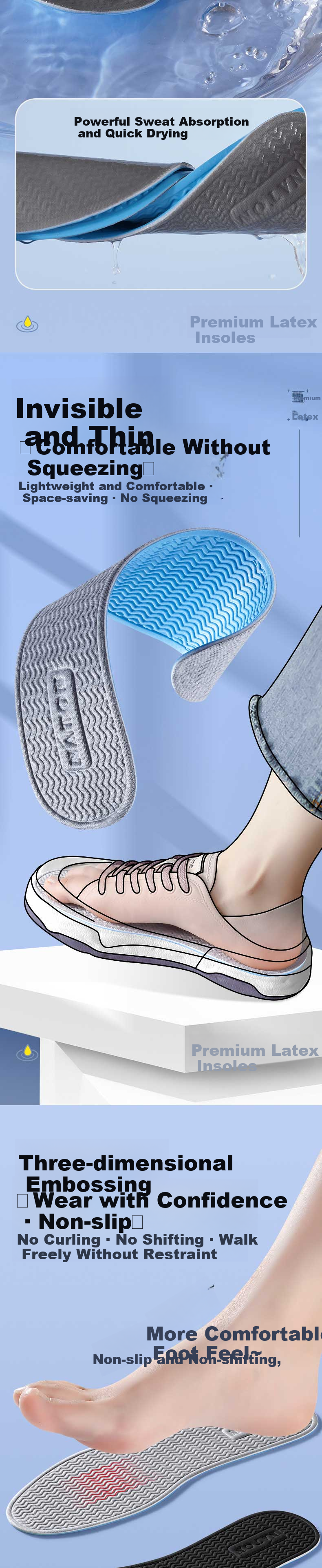 Footprint Tribe 2 Pairs - Size 35-36 7A Antibacterial Deodorant Insoles for Men Ultra-Thin Latex Sweat-Absorbing Breathable Odor-Removing Sports Insoles 4