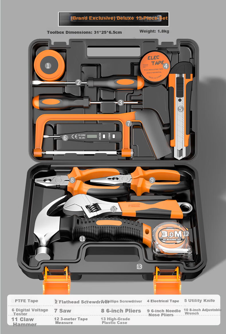 KOMAX 9-Piece Portable Toolbox Set Home Hardware Electrician Carpenter Repair Screwdriver Tool Kit 11