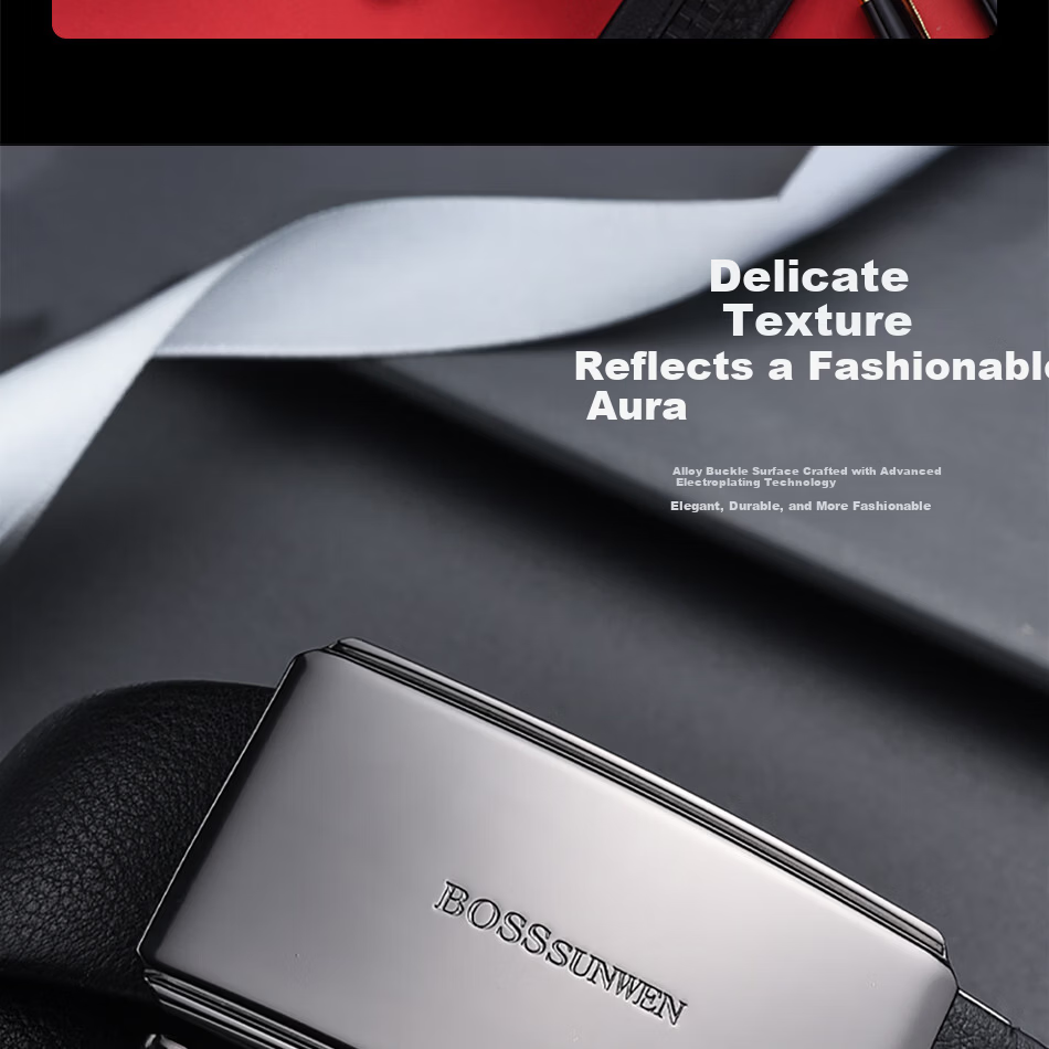 BOSSSUNWEN Men's Genuine Leather First Layer Cowhide Automatic Buckle Belt Anniversary Father's Day Gift for Dad Husband 4