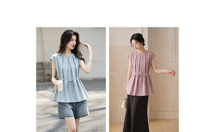 Demana Sun Protection Quick-Dry Sorona Summer Simple Style Pleated Round Neck Cap Sleeve Self-Fabric Belt Shirt for Women Premium Feel 6