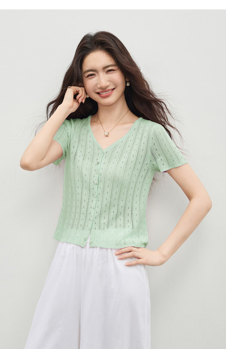 Shangdu Bira Linen Lyocell Knitwear Women Spring Summer Sweet Youthful V-Neck Hollow Texture Short Sleeve Cardigan Top 16