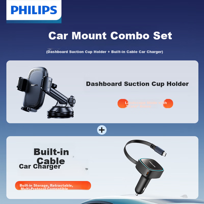 PHILIPS Car Phone Holder Vacuum Suction Cup Car Navigation Mount with Retractable Cable Car Charger Set