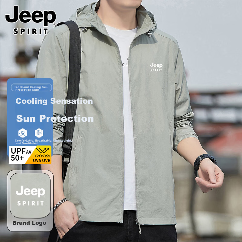 JEEP SPIRIT Men's Summer Ice Silk Breathable Sun Protection Jacket Quick-Dry Outerwear Mountain Gray L
