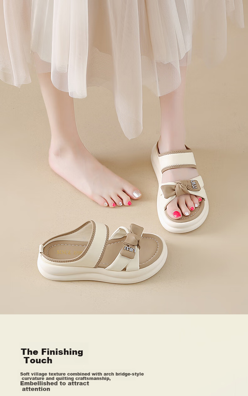 CARTELO Women's Summer Sandals Thick Soft Sole Bow Slip-On Beach Shoes 1883 Beige Size 35 2