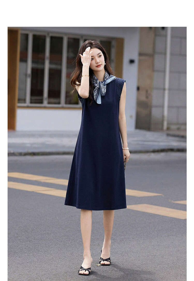 Demana Silent Breath Summer Elegant Urban Sleeveless Mid-Length Dress with Scarf and Pleated Round Neck Splicing 3