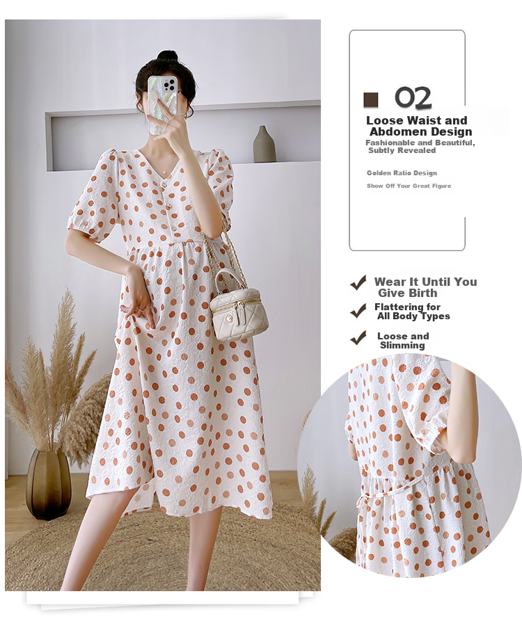 JOYNCLEON Maternity Summer Dress Lightweight Plus Size Loose Polka Dot Floral Long Dress Orange XL Jly157192 5