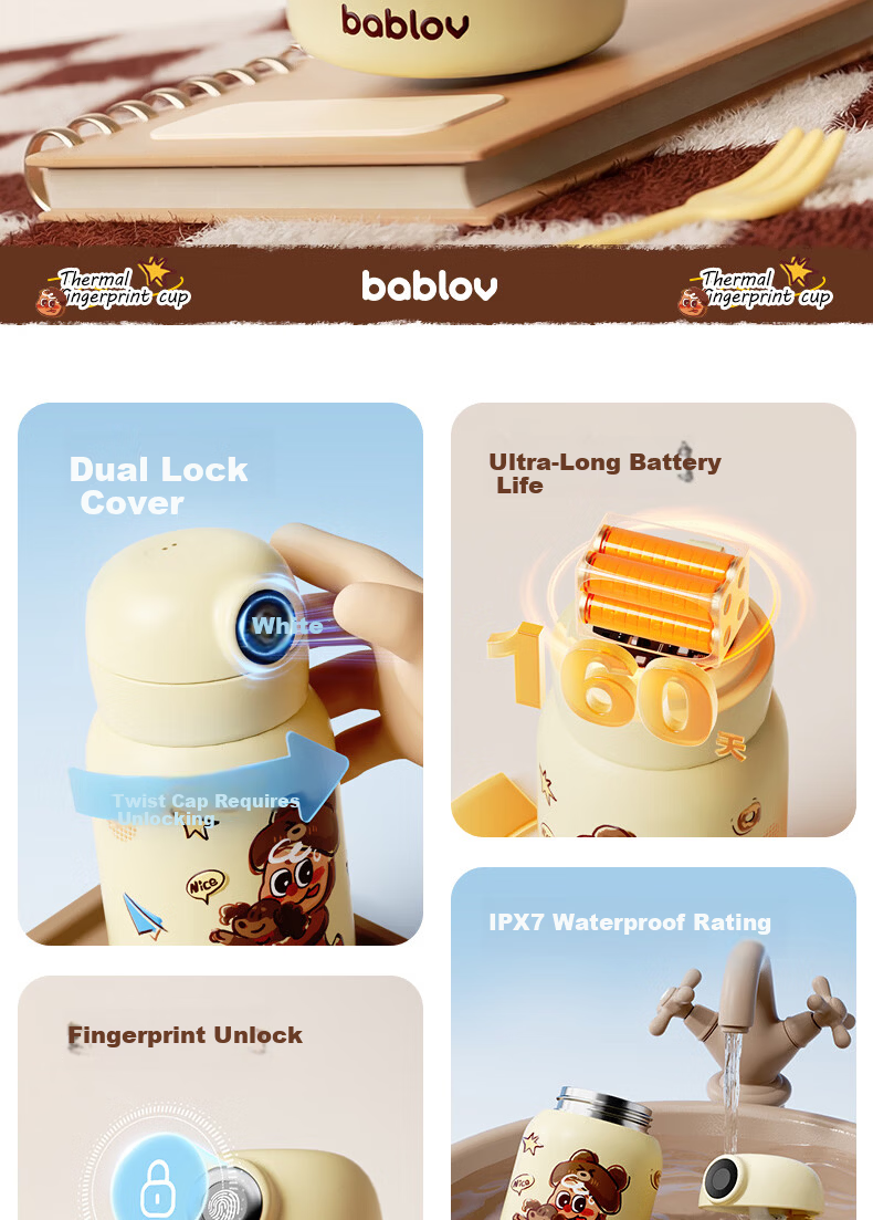BABLOV Fingerprint Insulated Straw Water Bottle Smart Kids School Cup Boys Girls New Children's Day Edition 2