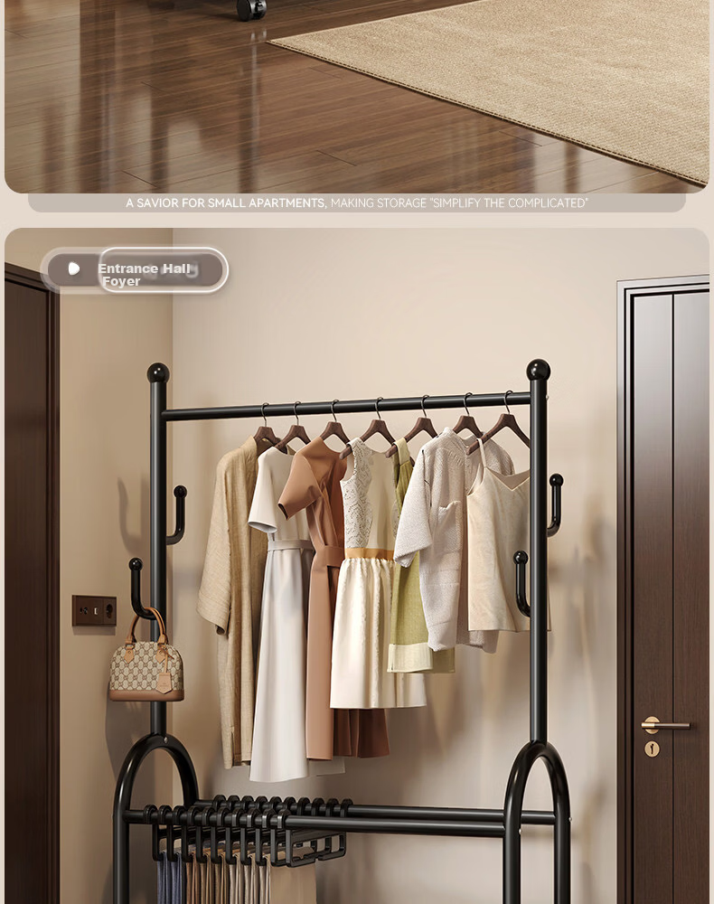Muhan Yue Floor Standing Coat Rack Bedroom Home Clothes Hanger Storage Drying Rack Indoor Mobile Clothing Rack 11