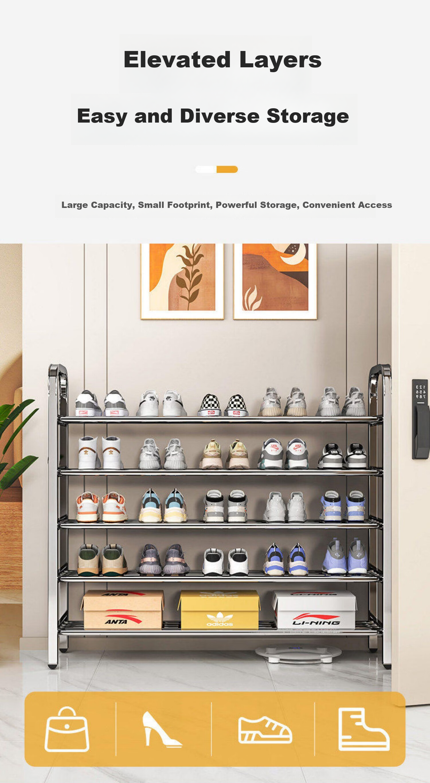 Jiajieshi Stainless Steel Shoe Rack Simple Home Entrance Dormitory Indoor Multi-layer Storage Shoe Rack Five Layers 60cm 3