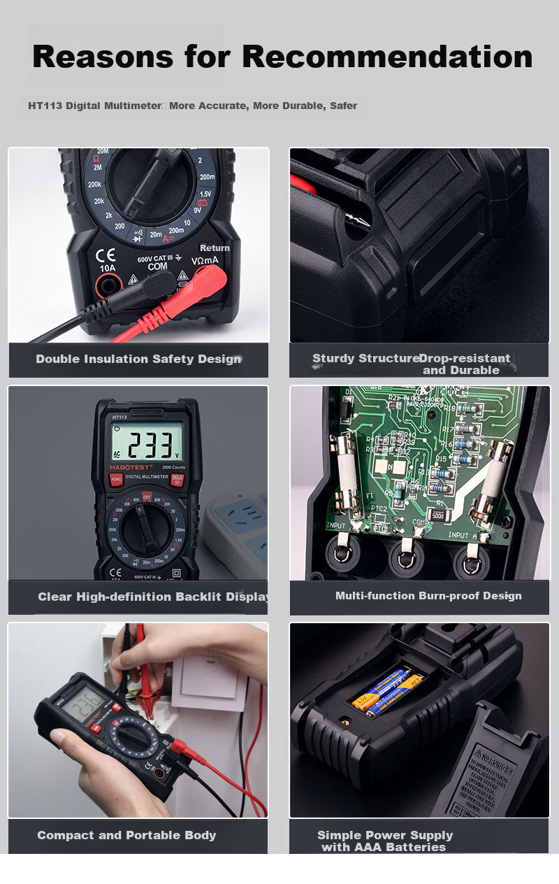 HABOTEST Professional Multimeter HT113 High-Precision Temperature Measurement Multimeter Current Meter 3